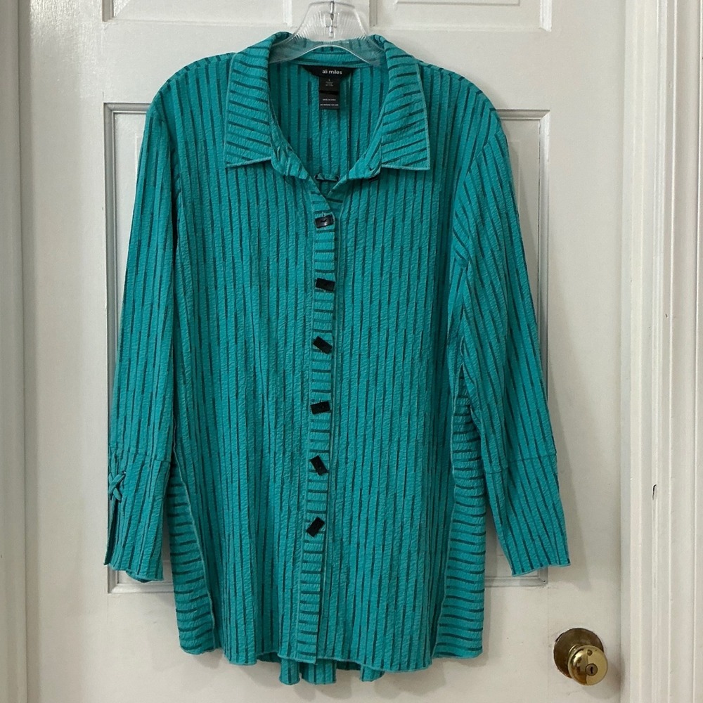 Ali Miles Art to Wear Shirt L Teal Textured Stripe L Boho Art 24Teacher Travel